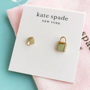 Kate Spade Lock and Spade Stud Earrings Gold and CZ Accent Dust Bag NEW ON CARD